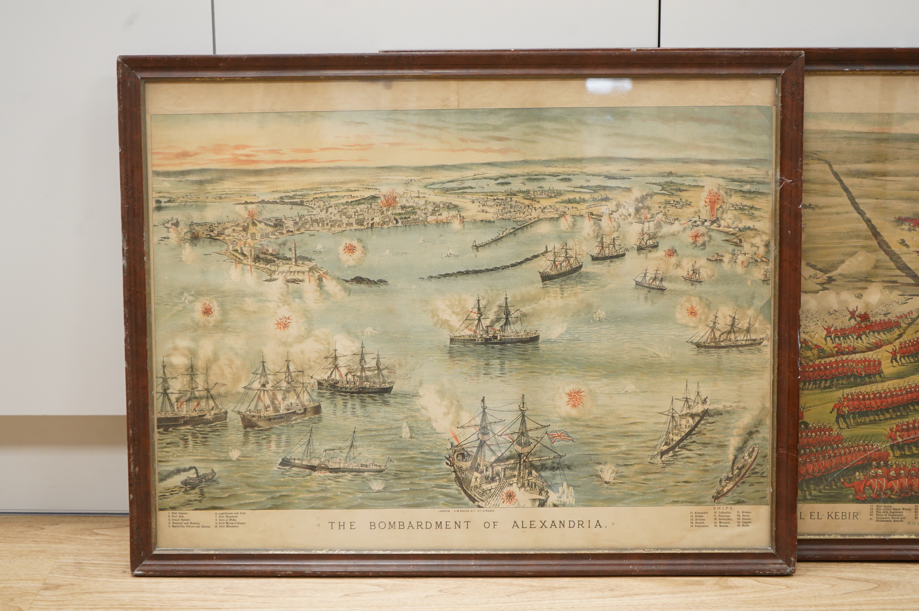 Two military interest chromolithographs comprising: 'The Bombardment of Alexandria' and 'Bird's eye view of the battle of Tel-El-Kebir', published G W Bacon, London, 53 x 70cm